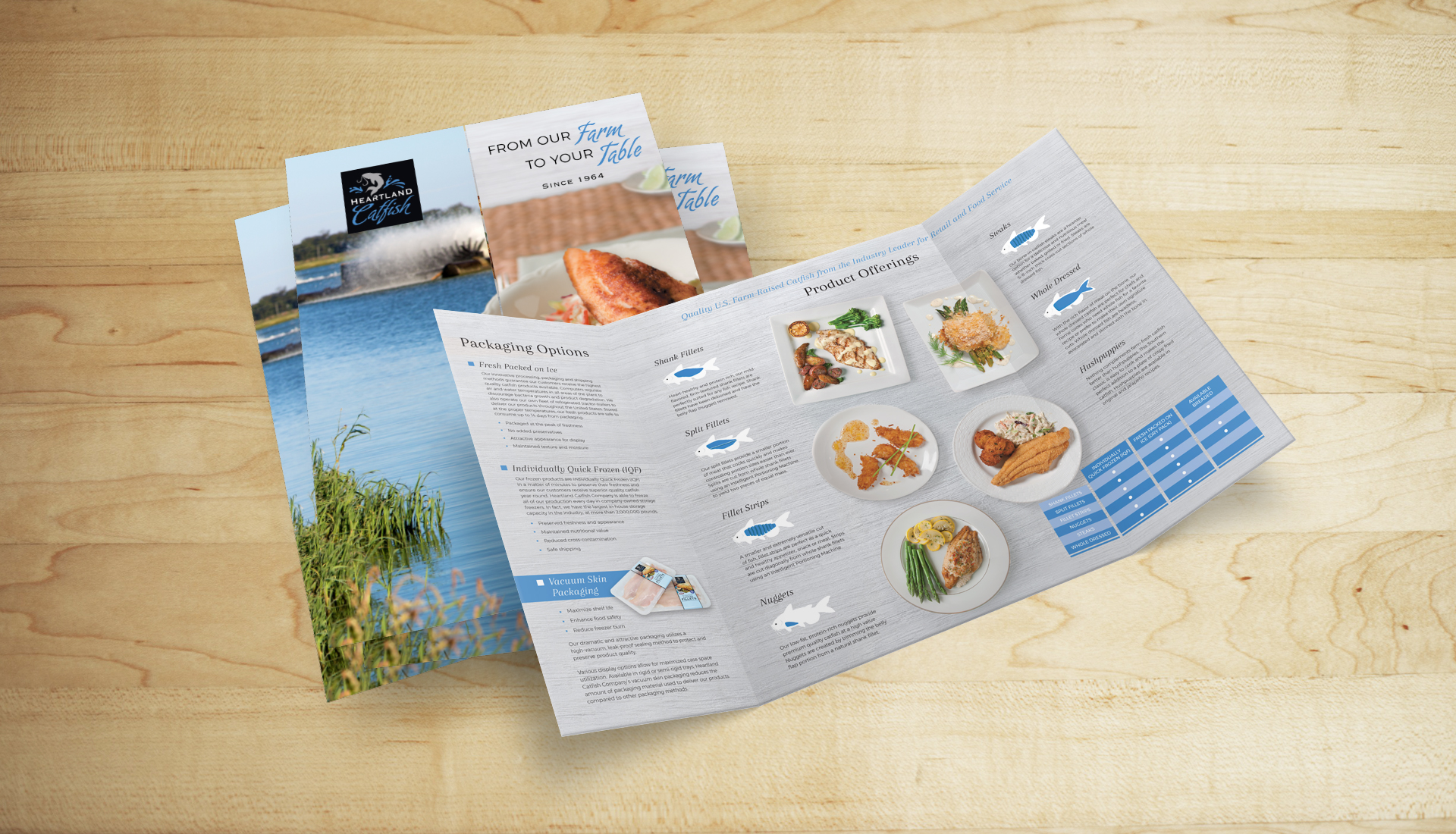 Mockup of Heartland Catfish brochures.