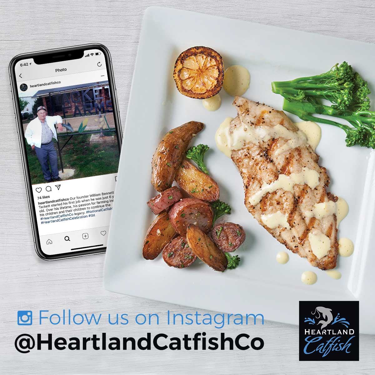 Heartland Catfish Instagram on a phone next to a plate of catfish and vegetables.