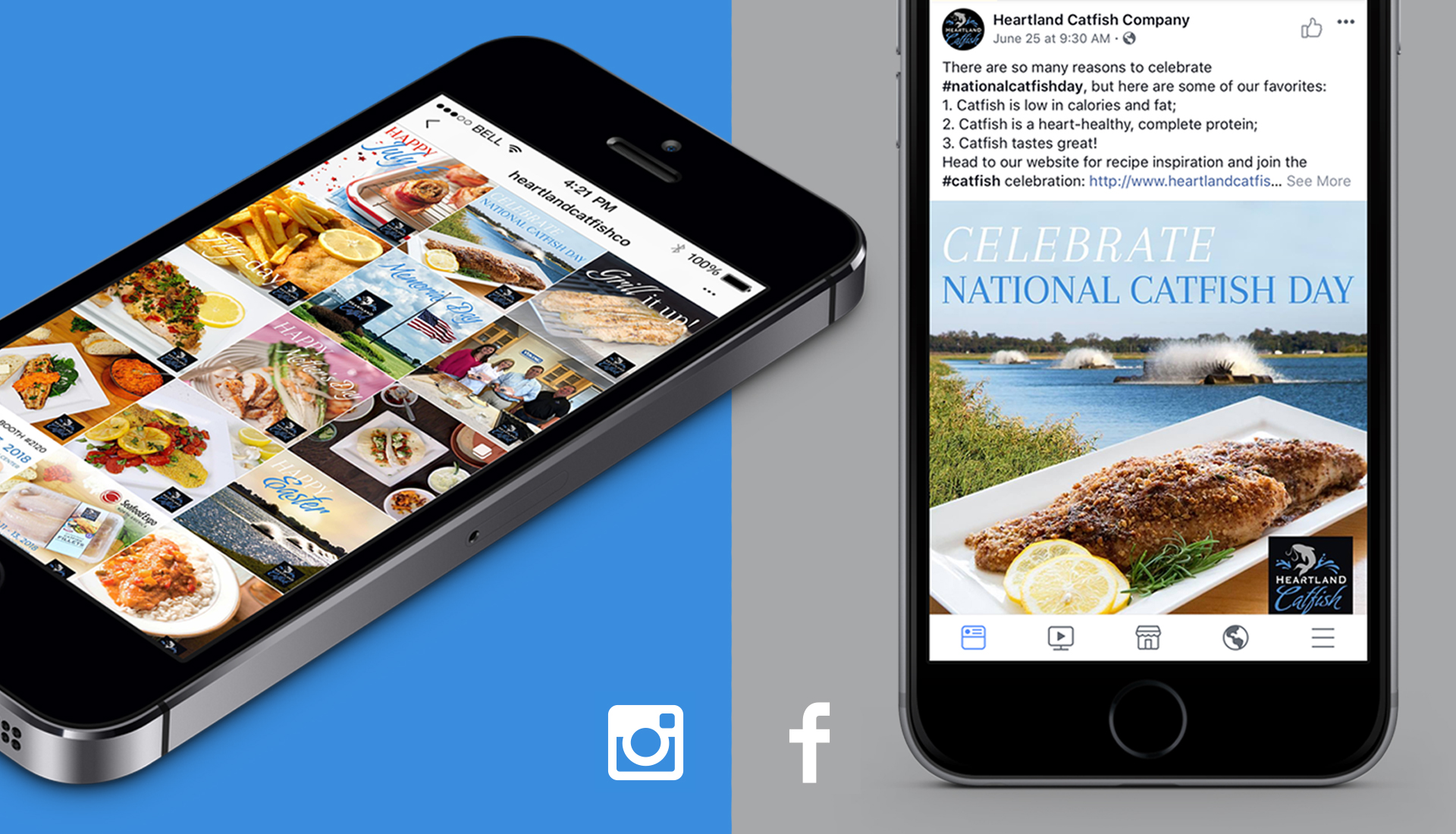 Mockup of Heartland Catfish social media on two phone screens.