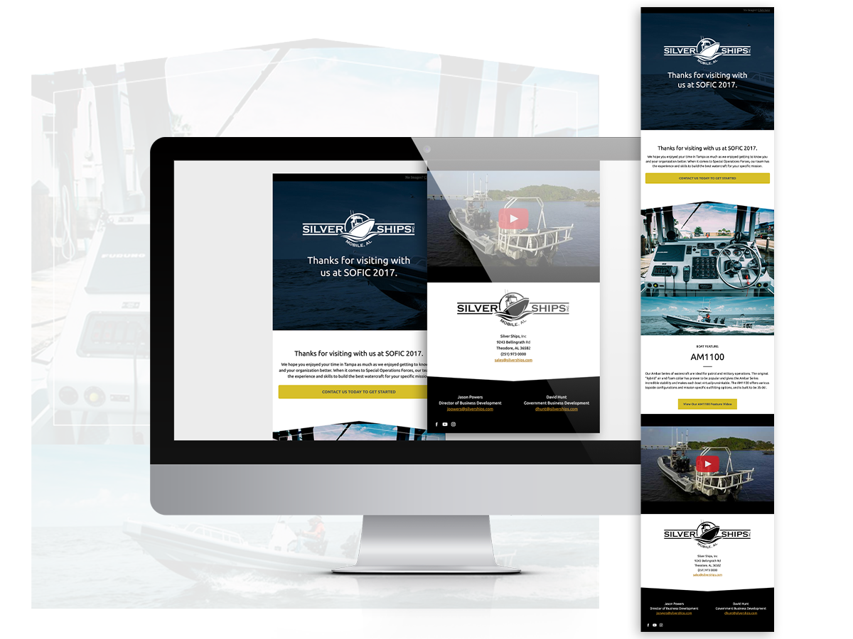 Mockup of a Silver Ships email on a monitor.